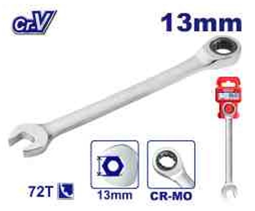 13mm Cr-V Ratchet Spanner 72T 12-point 180mm Length Chrome Plated Matt Finish Paper Card